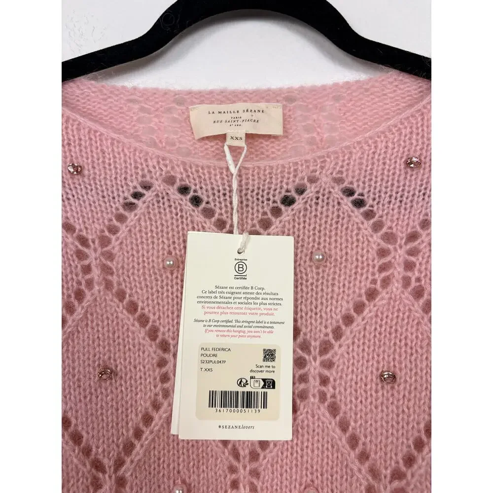 NWT Sezane Federica Knit Powder Pink Jewel Detail Balloon Sleeve Jumper XXS